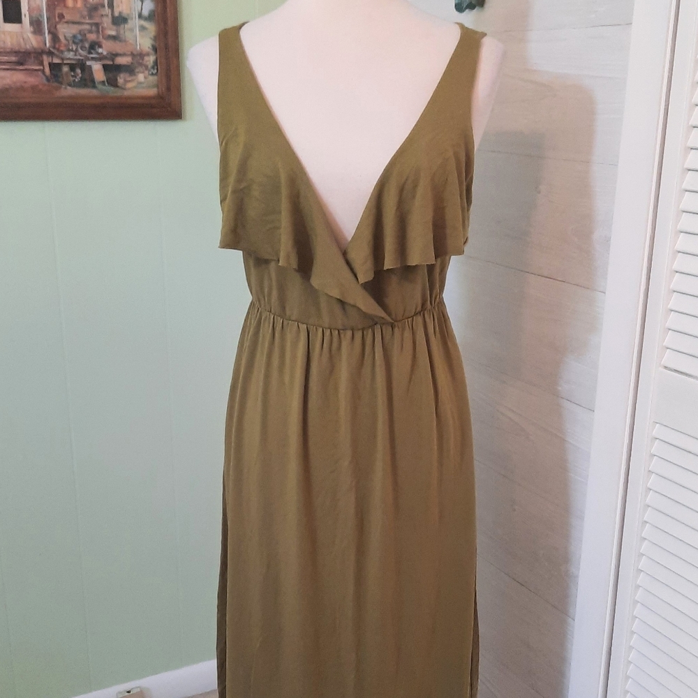 J. Crew olive plunging vneck flutter sleeveless dress sz medium *Y - Picture 1 of 6